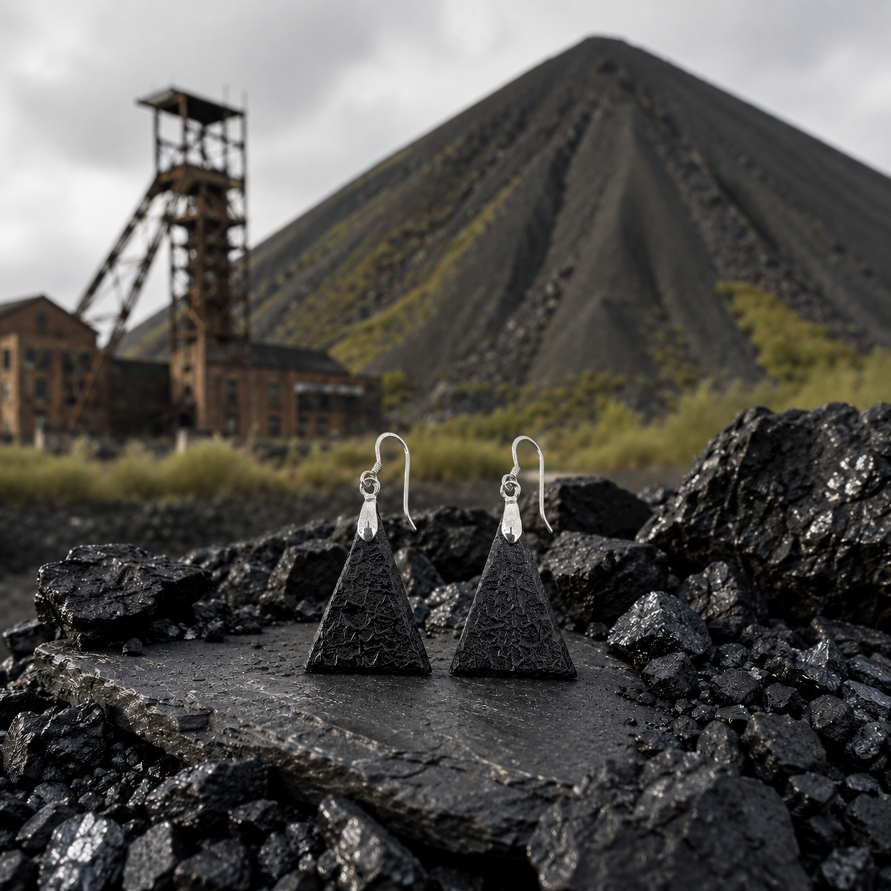 Triangle earrings in raw charcoal (silver metal)