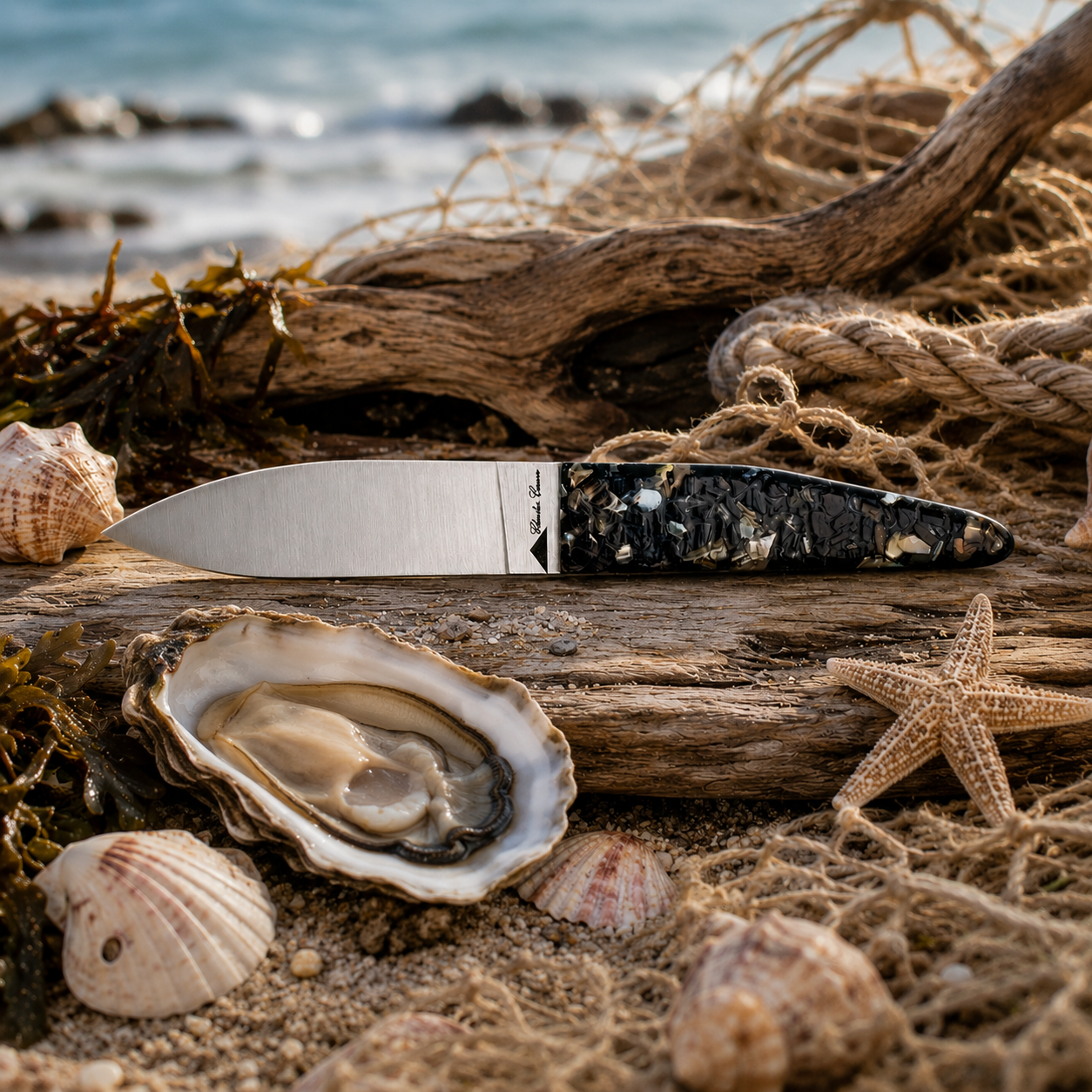 Small oyster knife with a handle made from recycled oyster shells