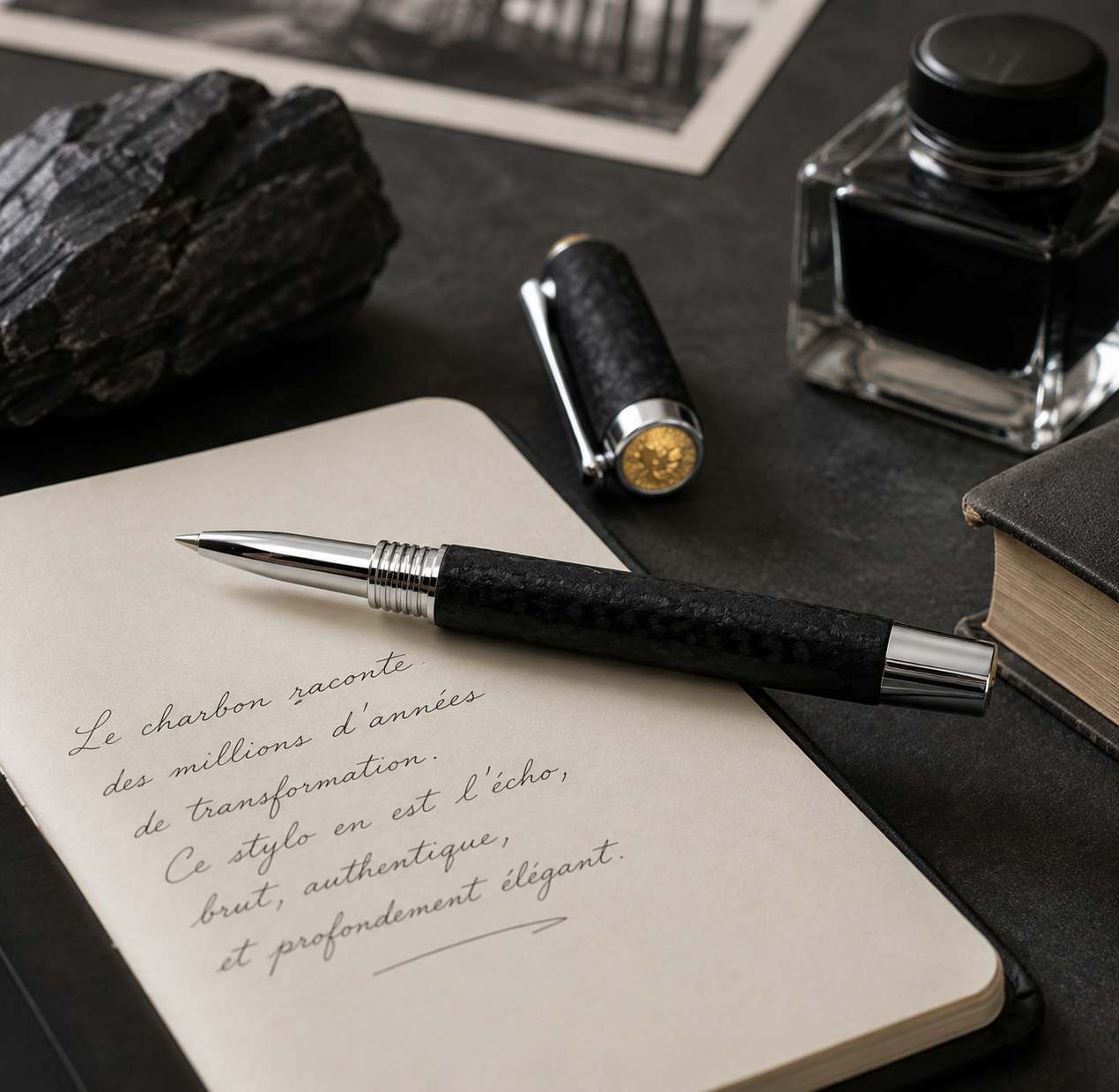 Stylo roller en charbon brut luxe