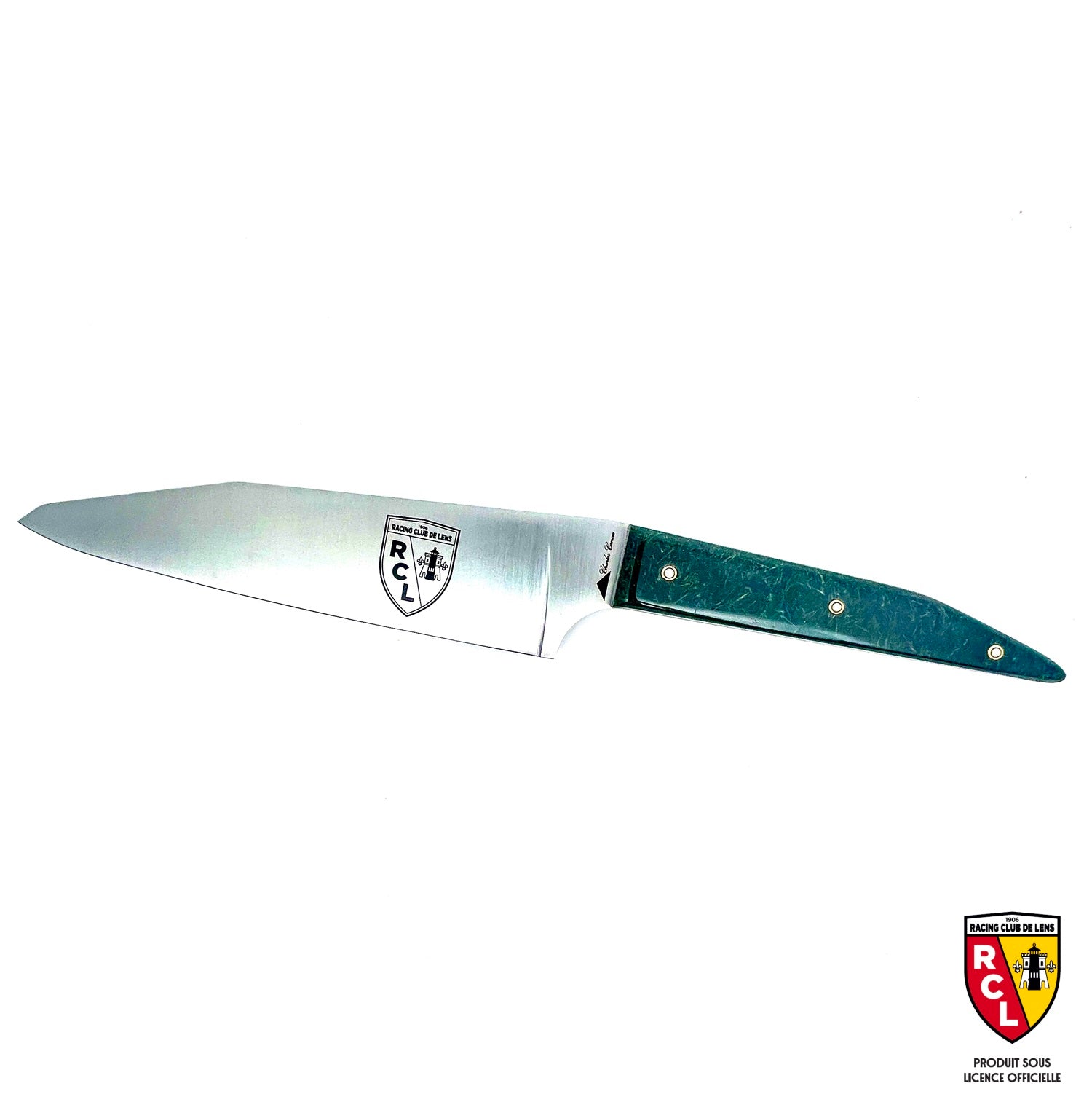 Couteau de cuisine sous licence officielle du RC Lens avec son manche en pelouse du stade Bollaert-Delelis 2024-2025
