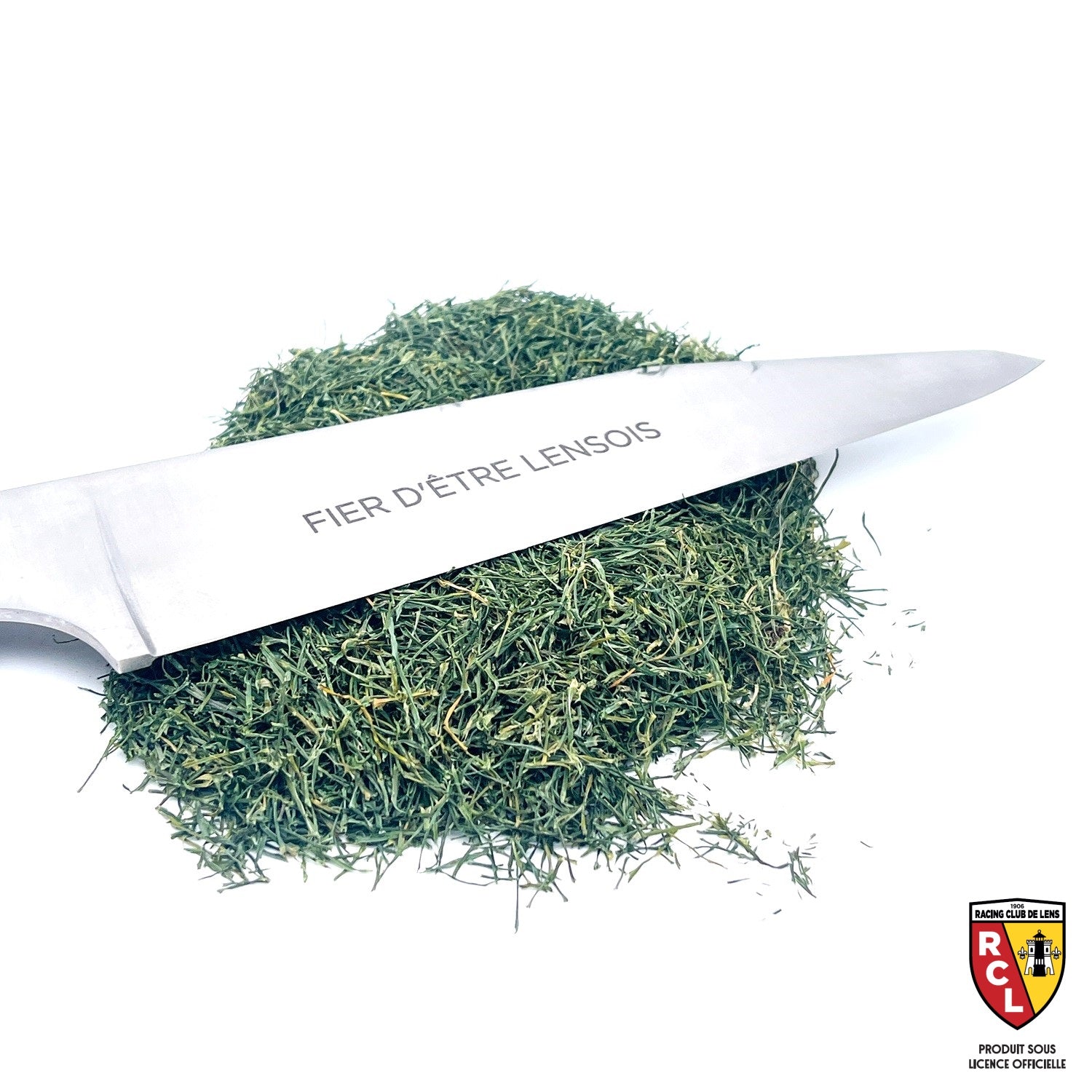 Couteau de cuisine sous licence officielle du RC Lens avec son manche en pelouse du stade Bollaert-Delelis 2023-2024