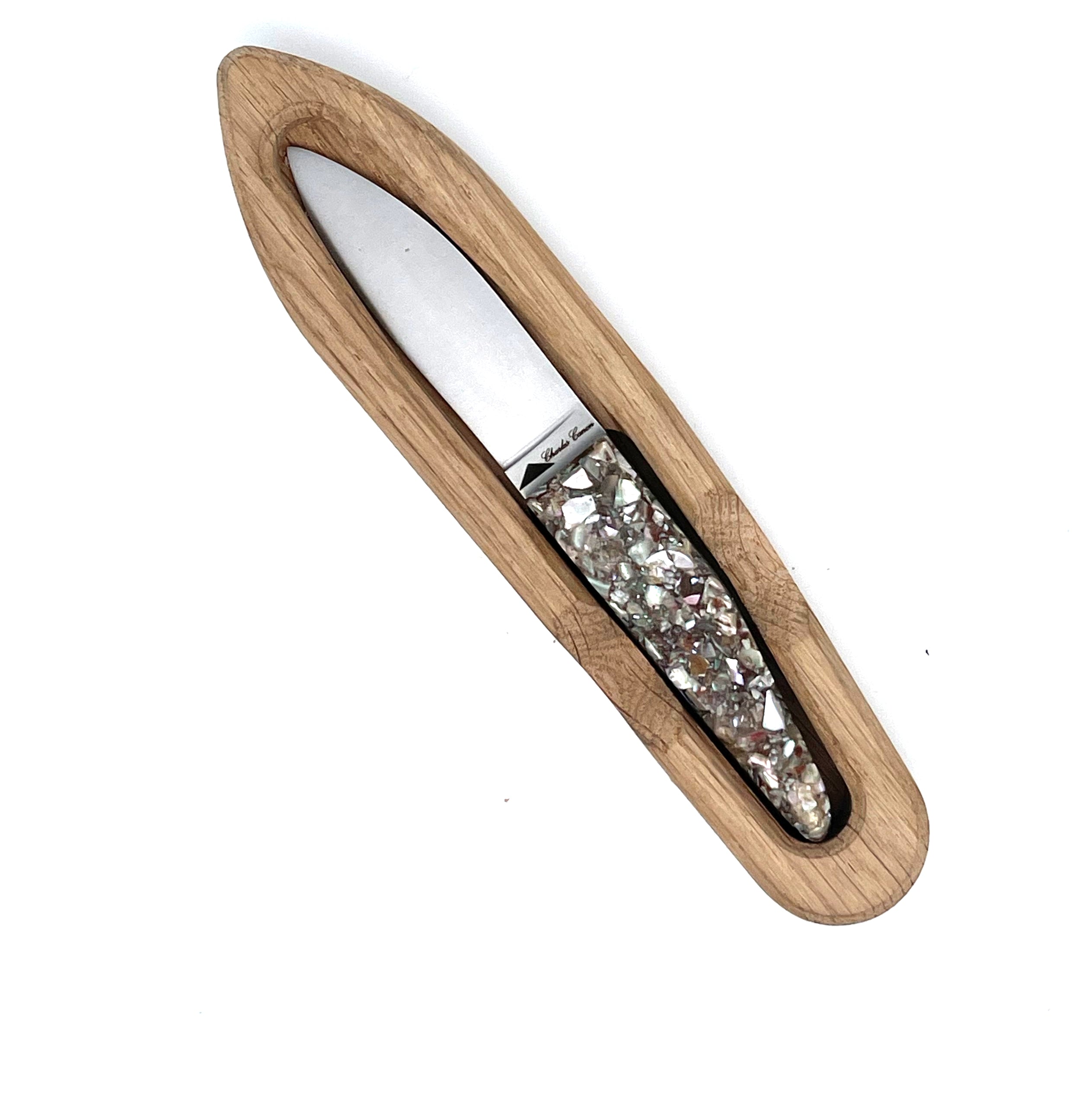 Small oyster knife with a handle made from recycled oyster shells