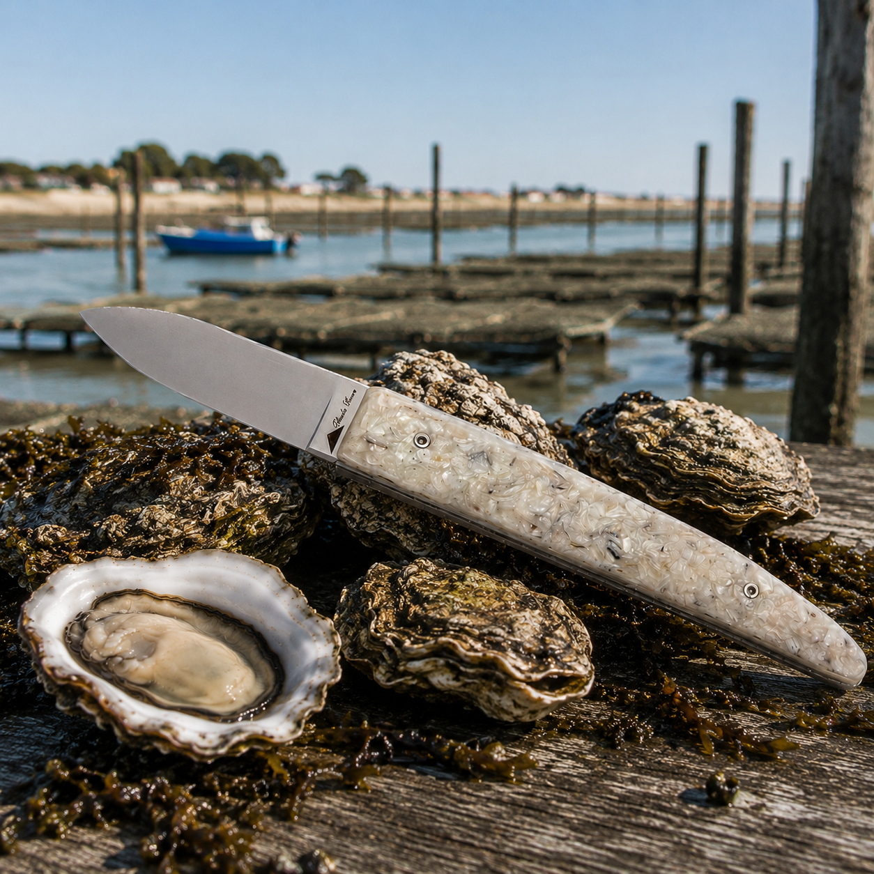 Oyster knife with a handle made from recycled oyster shells