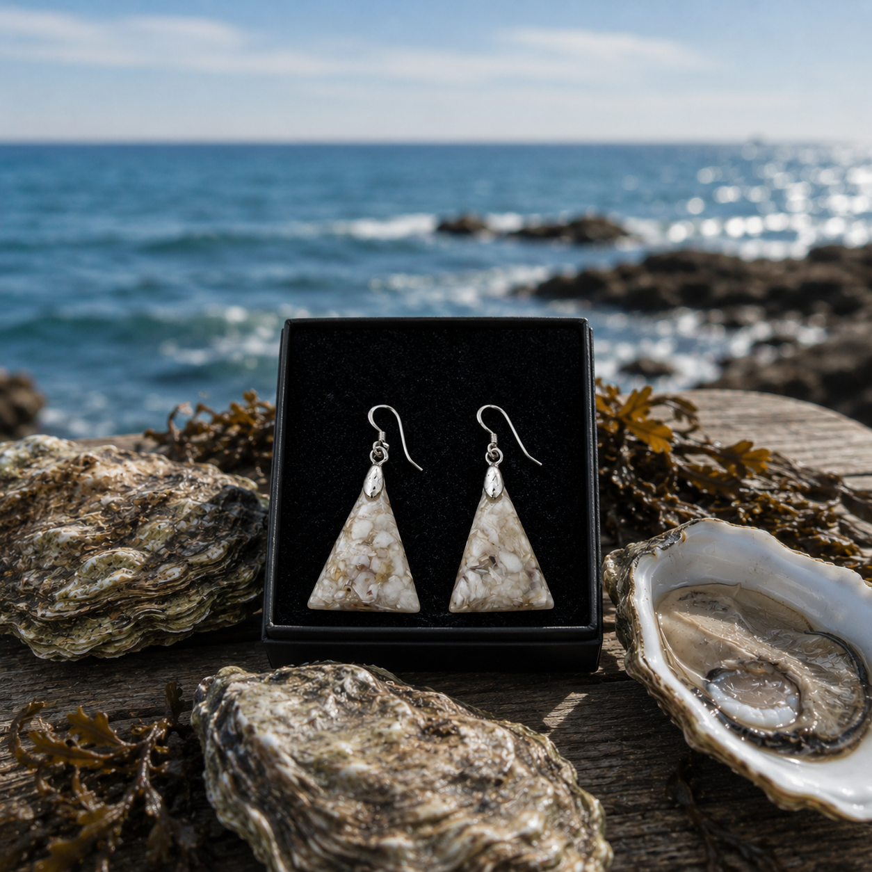 Dreieckige Ohrringe aus recycelten Austernschalen