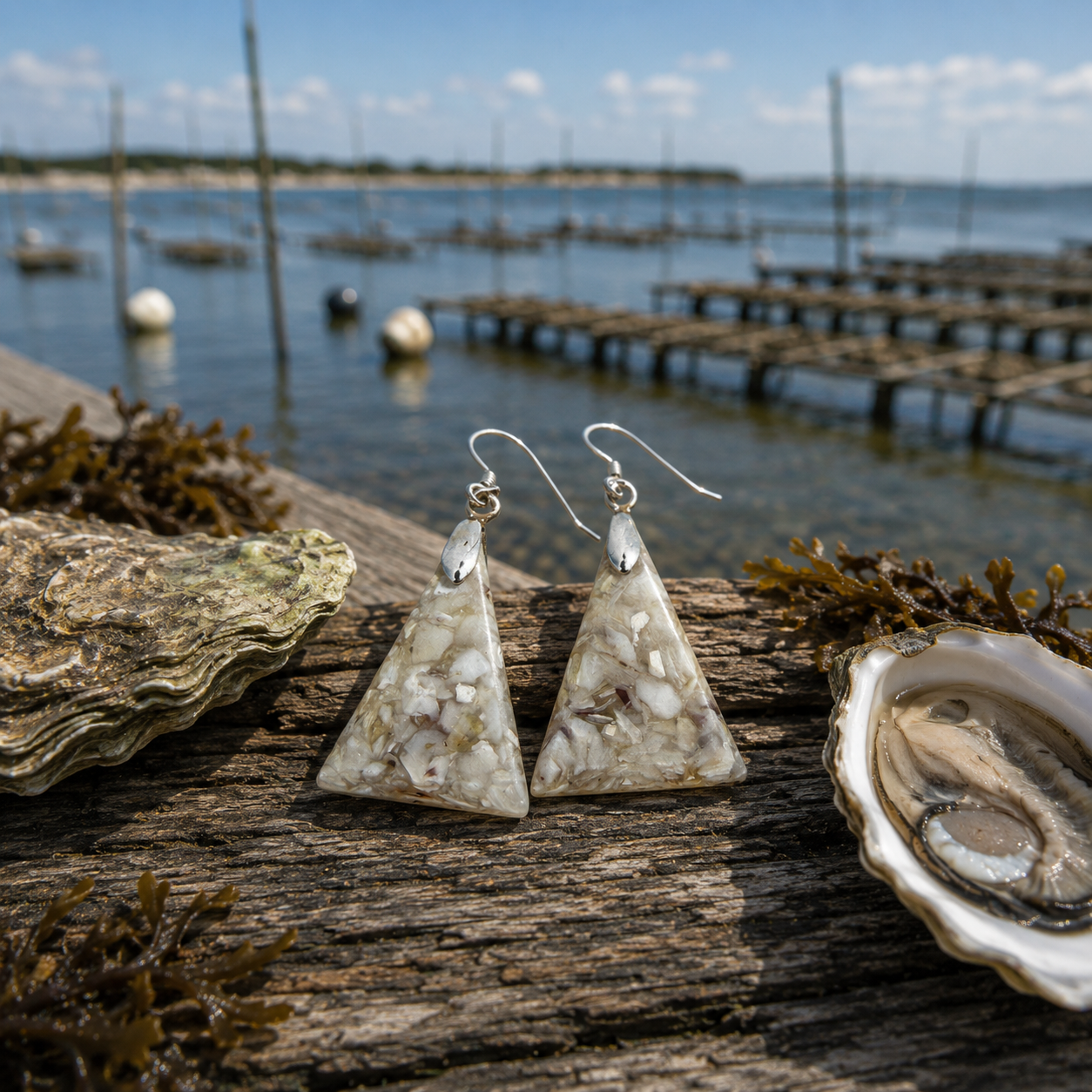 Triangle earrings made from recycled oyster shells