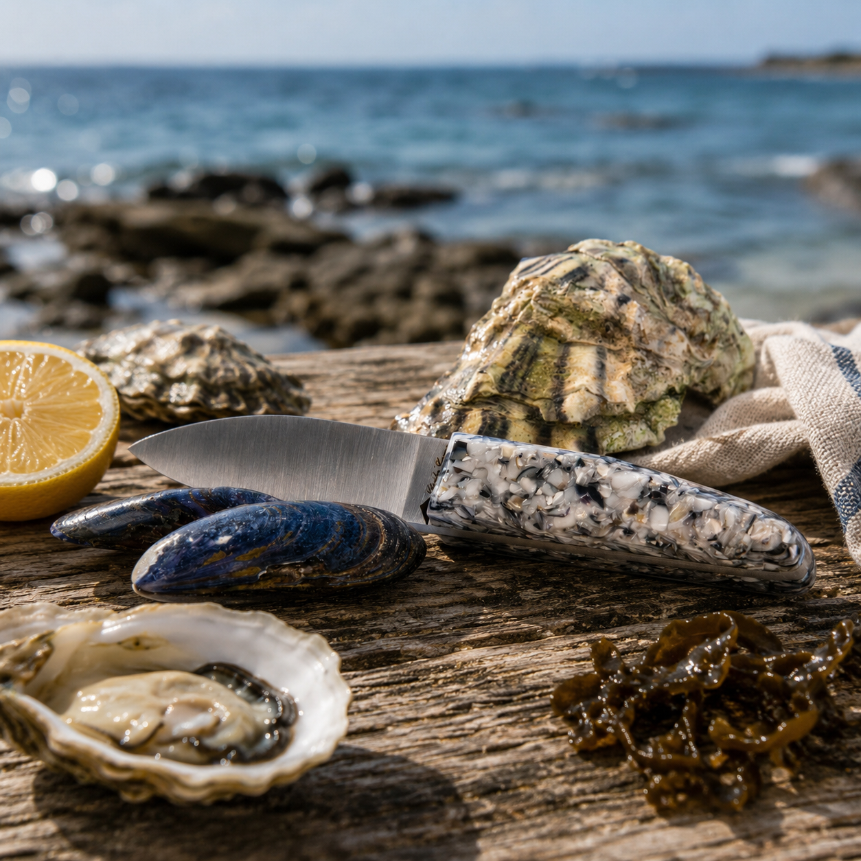 Small oyster knife with a handle made from recycled oyster shells