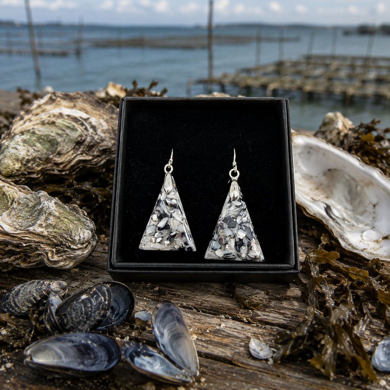 Boucles d'oreilles triangle en mélange de coquilles de moules et huitres recyclées