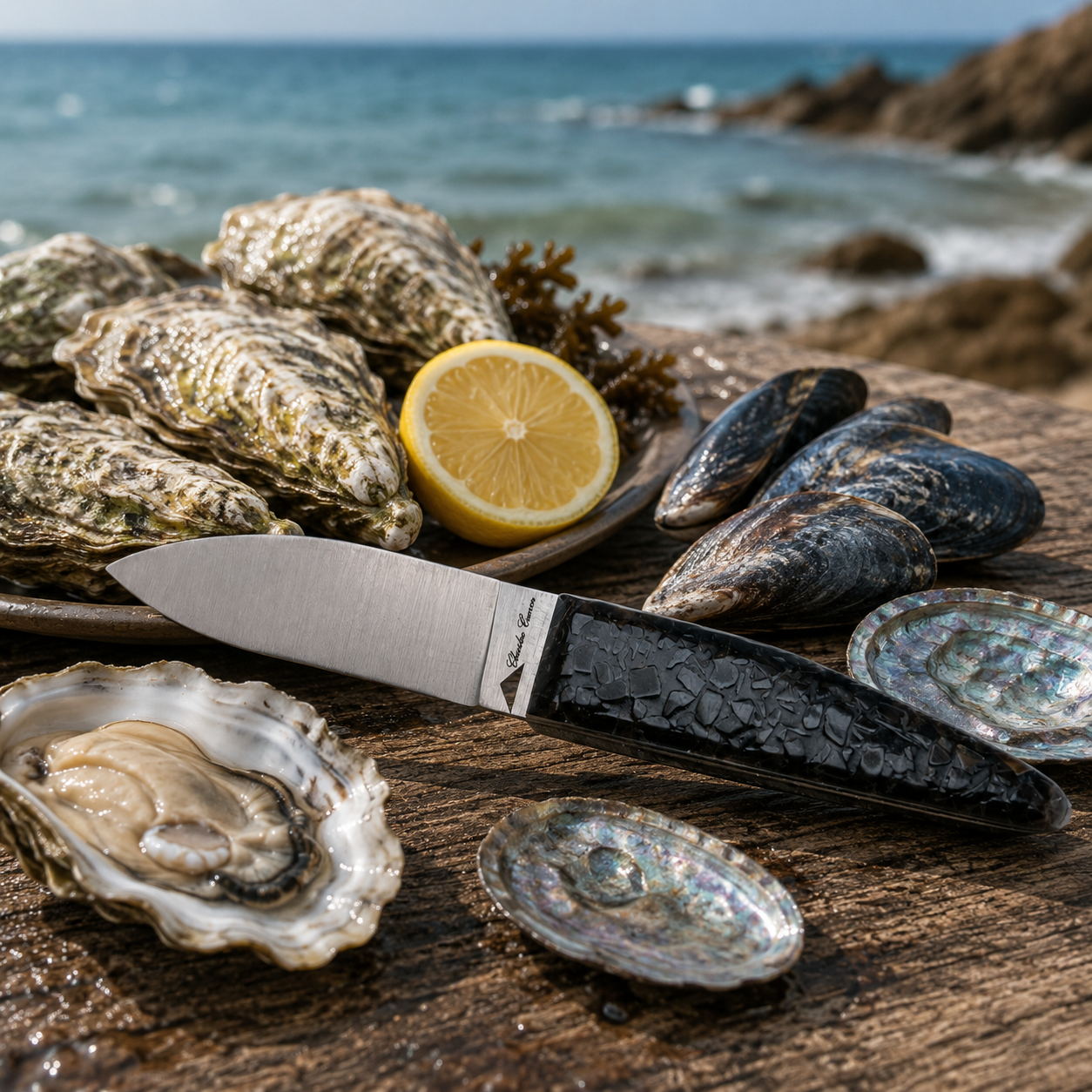 Small oyster knife with a handle made from recycled oyster shells
