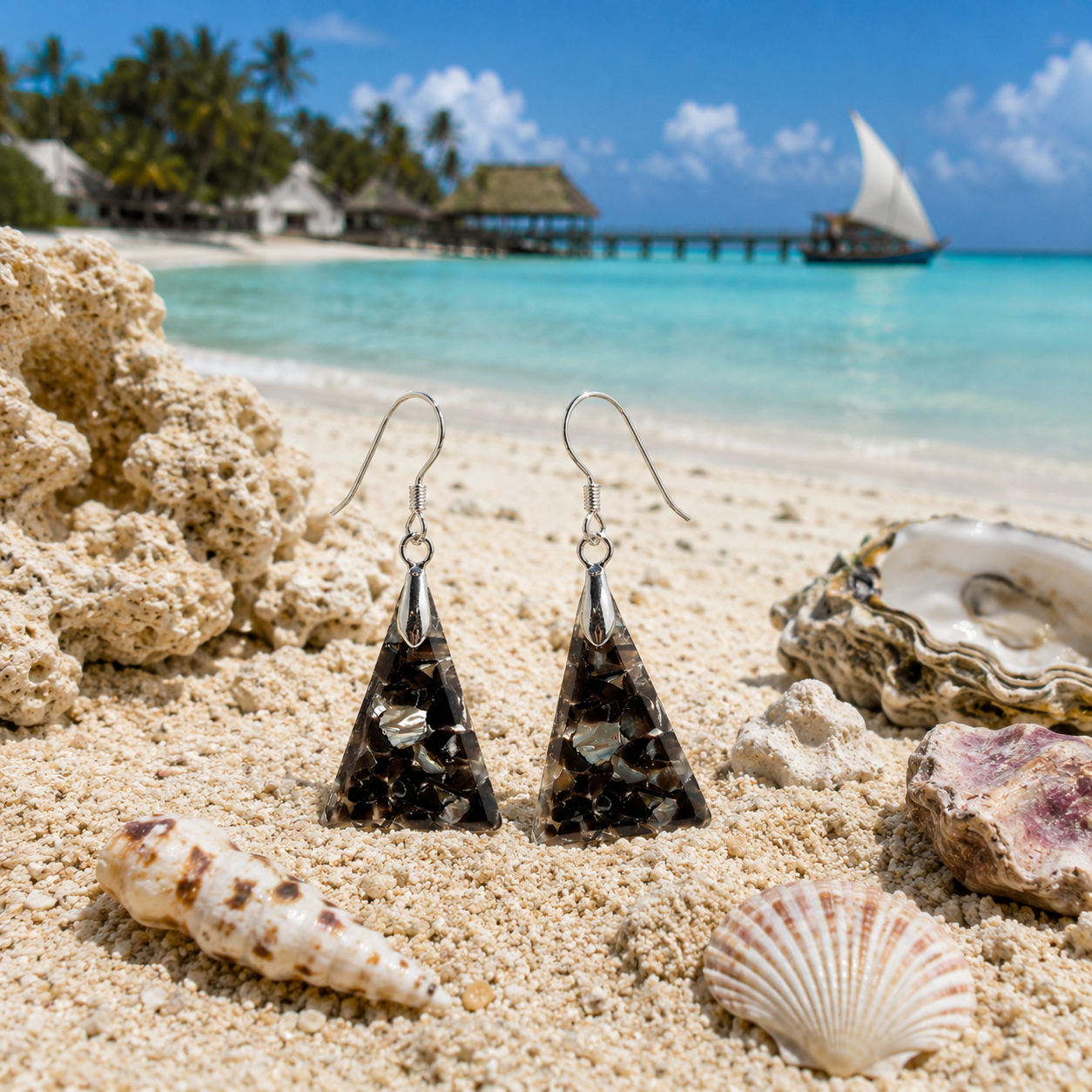 Triangle earrings made from recycled mussel shells