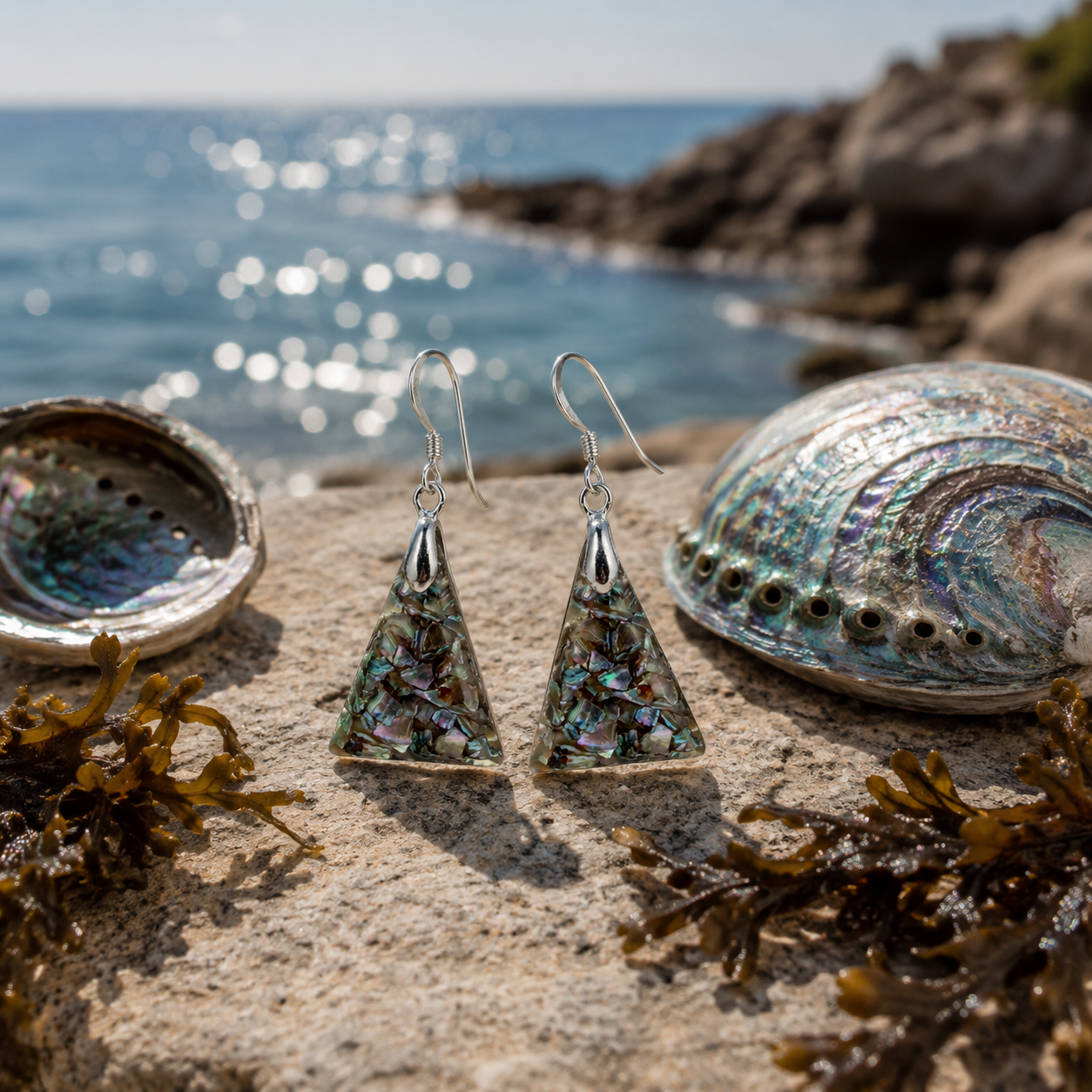 Triangle earrings made from recycled mussel shells