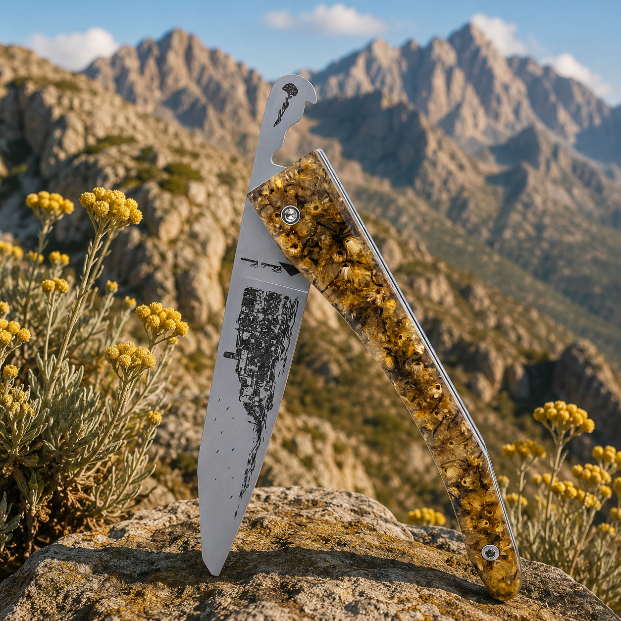 Piemontesischer Messergriff mit korsischen Immortellenblüten