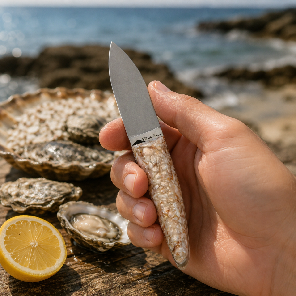 Small oyster knife with a handle made from recycled scallop shells