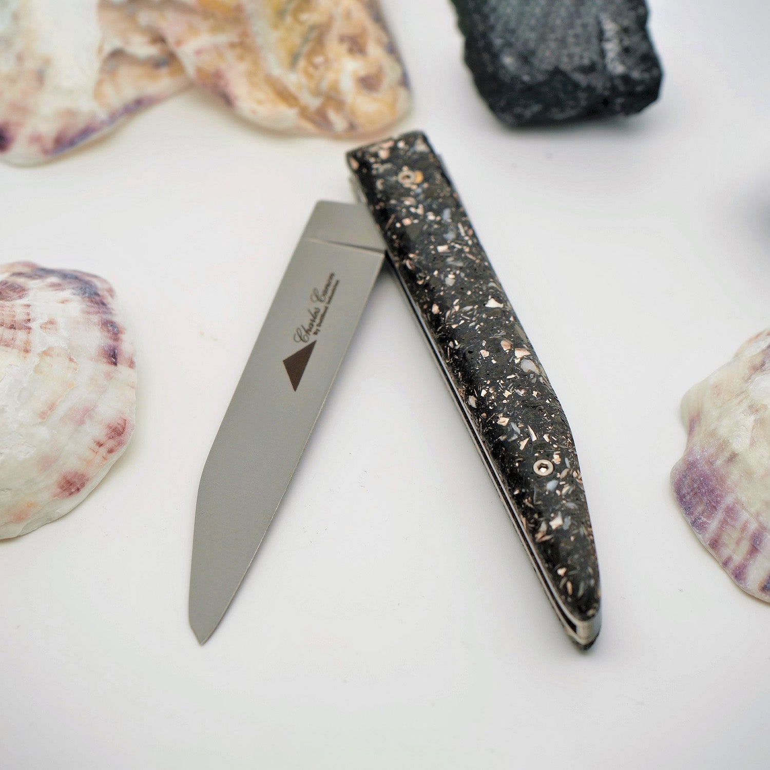 Knife with oyster shell and charcoal handle