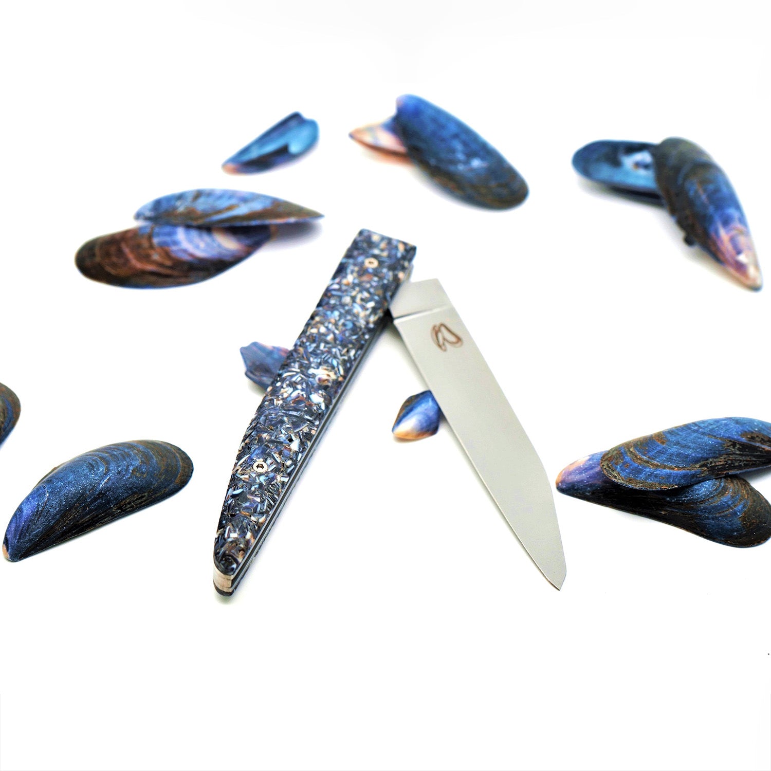 Knife handle made from recycled mussel shells