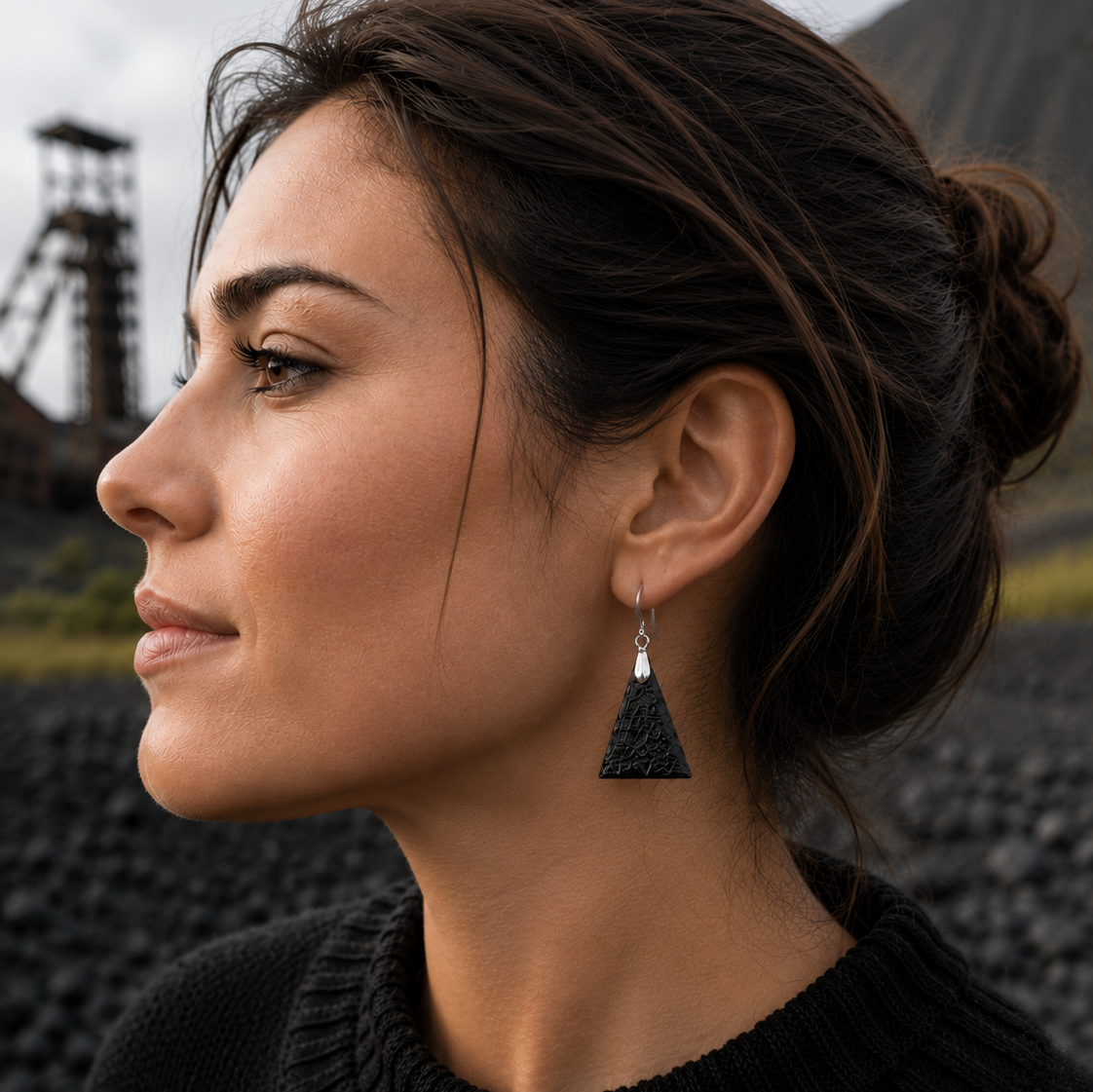 Triangle earrings in raw charcoal (silver metal)