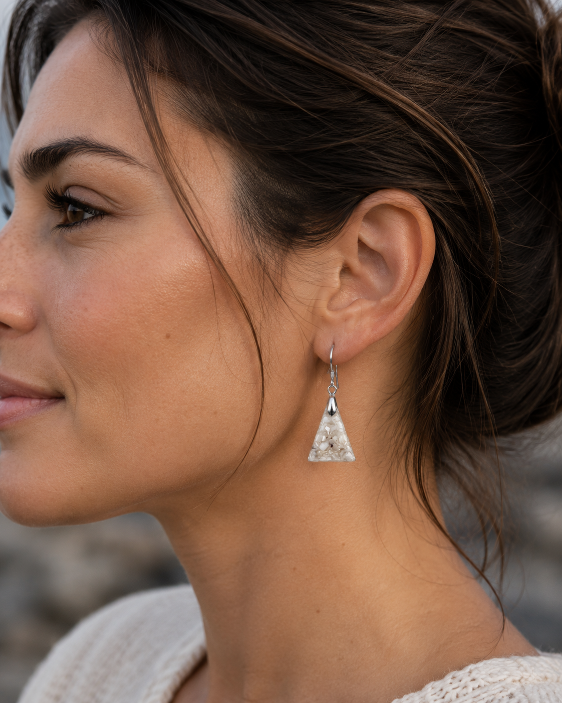 Triangle earrings made from recycled oyster shells