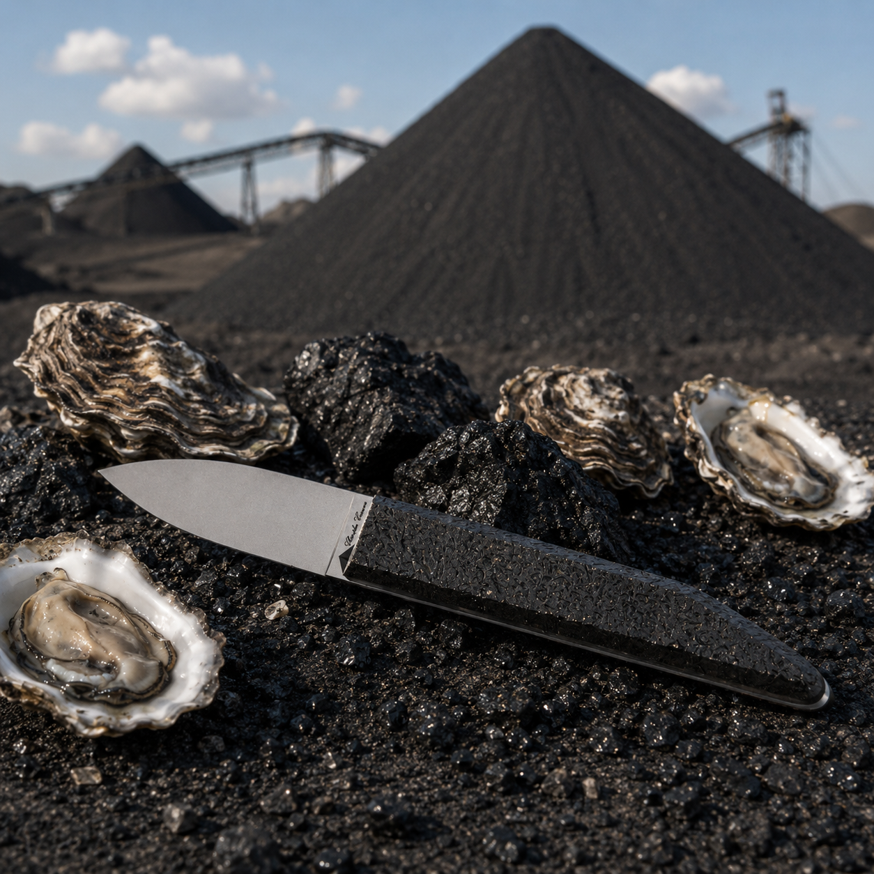 Oyster knife with a raw charcoal handle