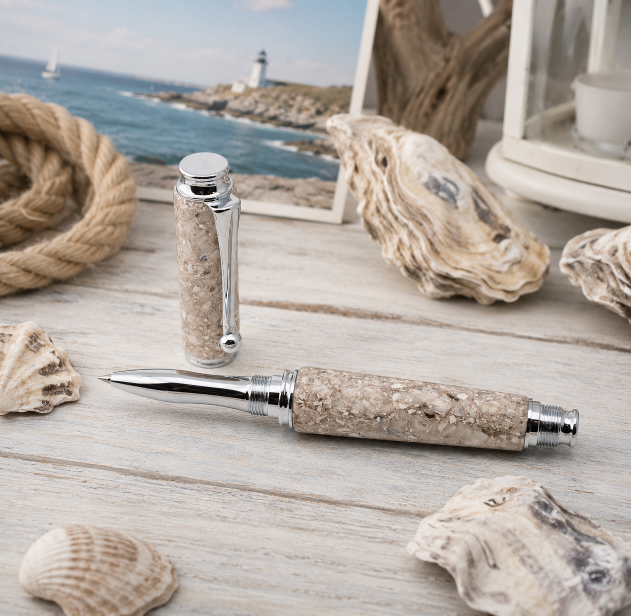 Stylo roller en coquilles d'huîtres
