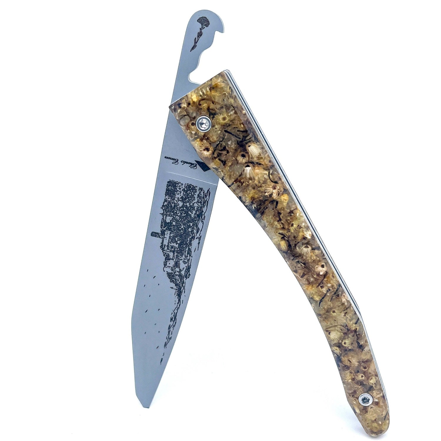 Piedmontese knife handle with Corsican immortelle flowers