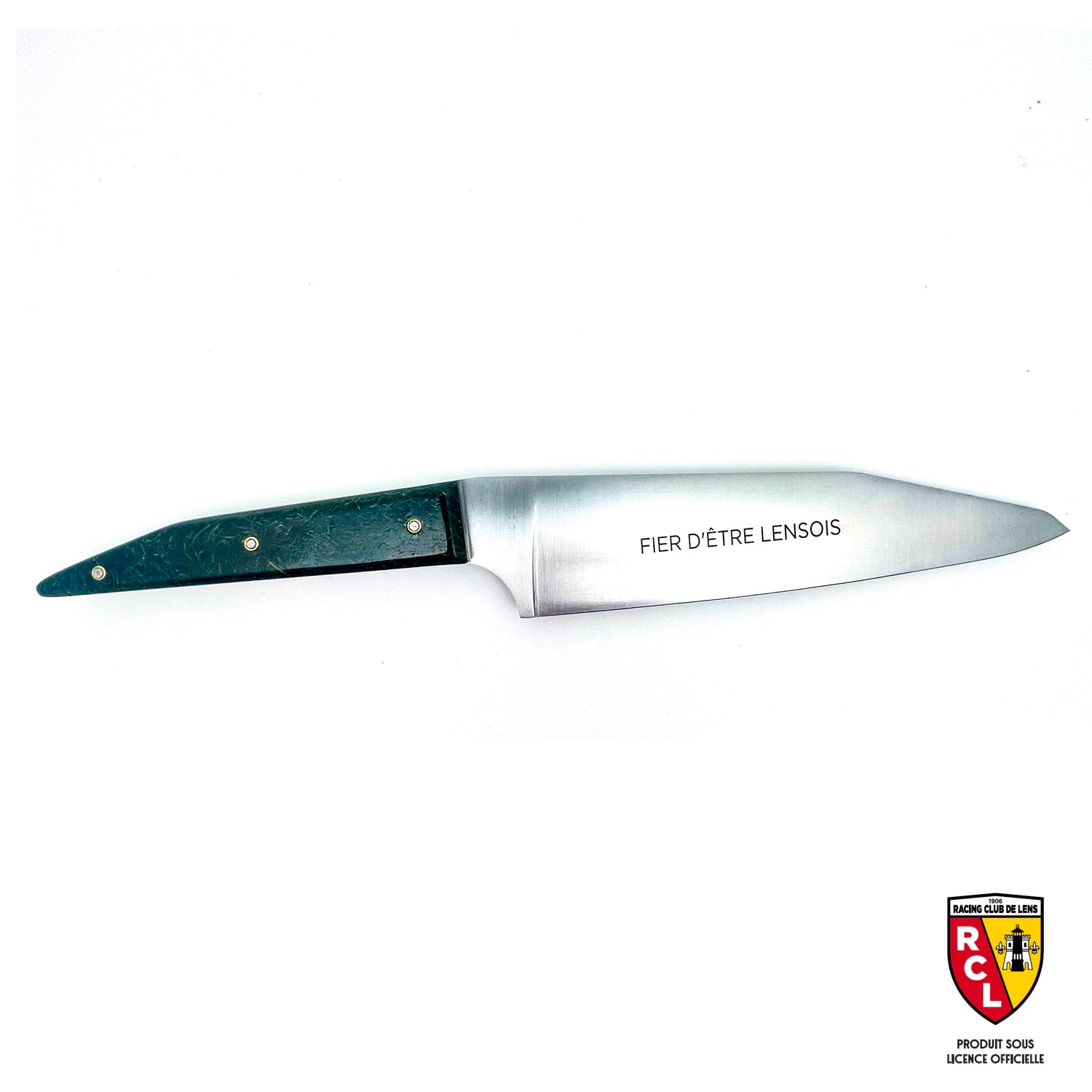 Couteau de cuisine sous licence officielle du RC Lens avec son manche en pelouse du stade Bollaert-Delelis 2024-2025