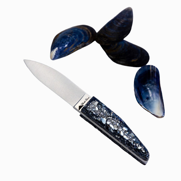 Petit couteau à huître avec un manche en coquilles de moules recyclées