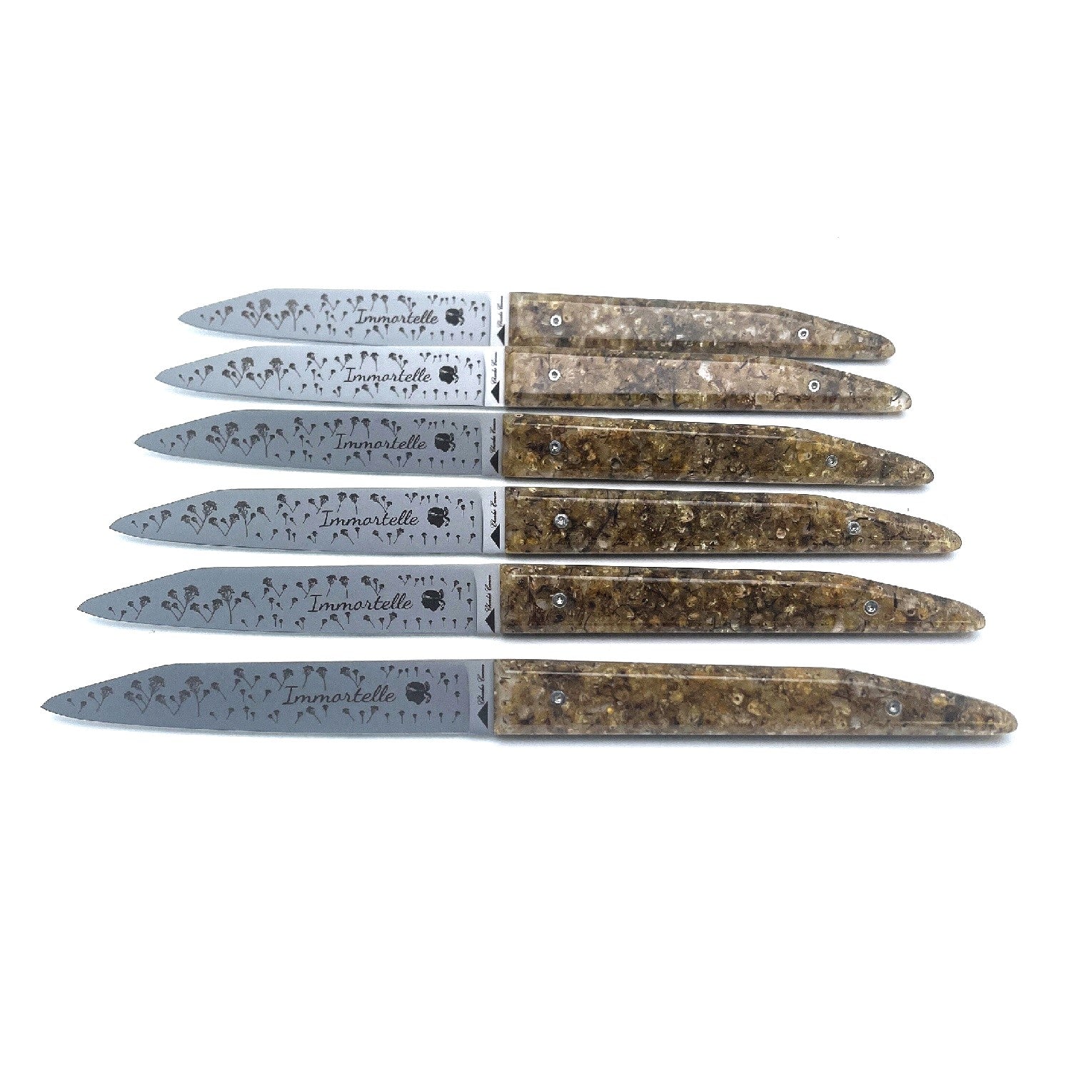 6 table knives with their handles made of Corsican immortelle flowers