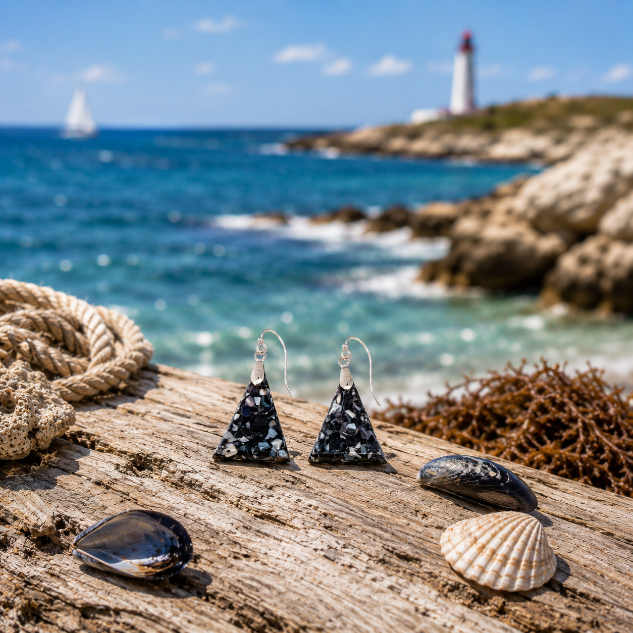 Triangle earrings made from recycled mussel shells