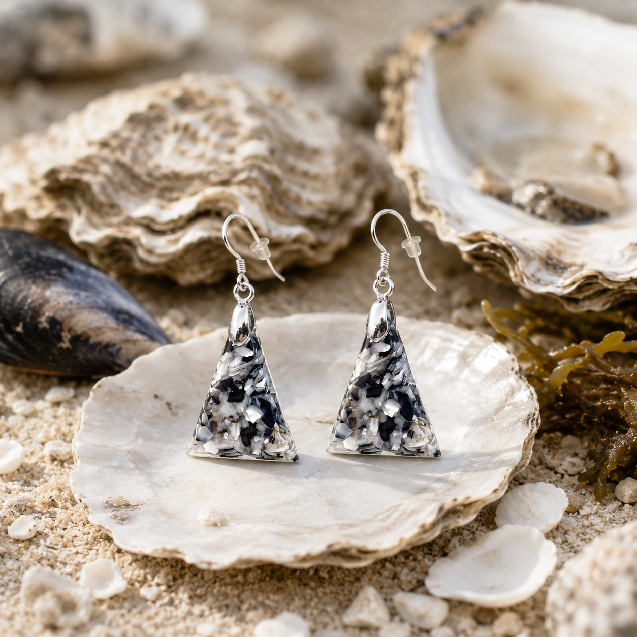 Triangle earrings made from recycled mussel shells