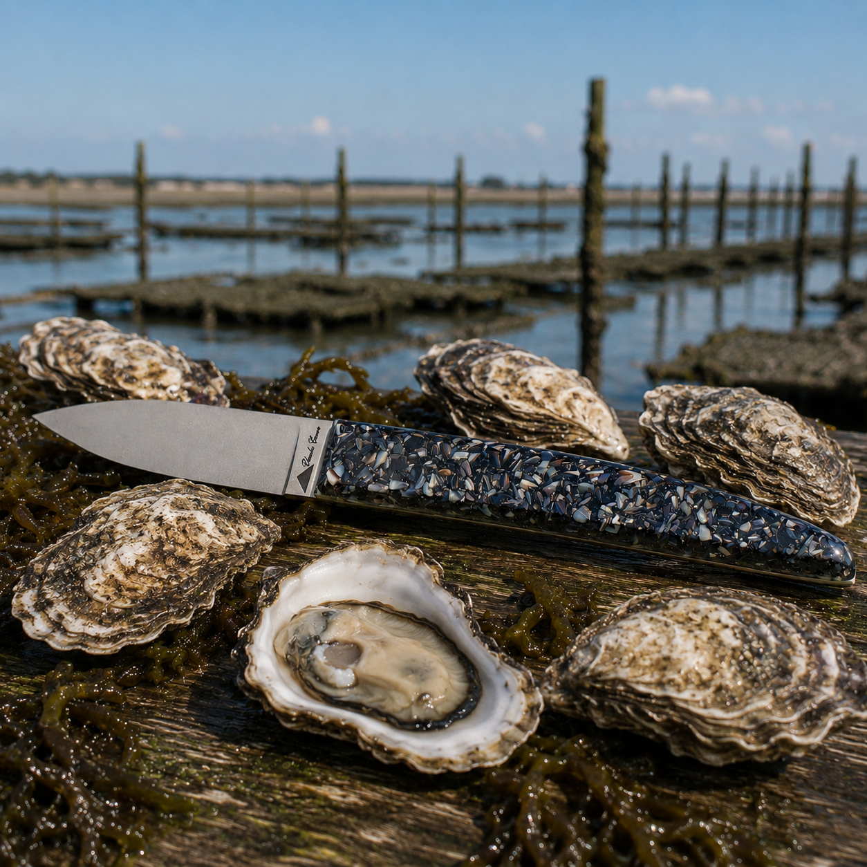 Oyster knife with a handle made from recycled mussel shells