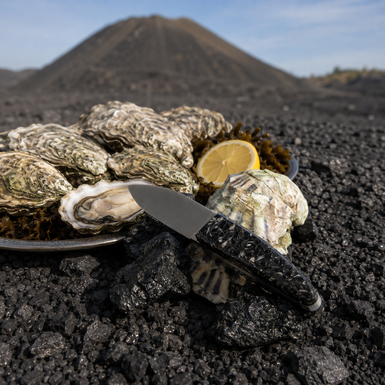 Small oyster knife with a handle made from recycled oyster shells