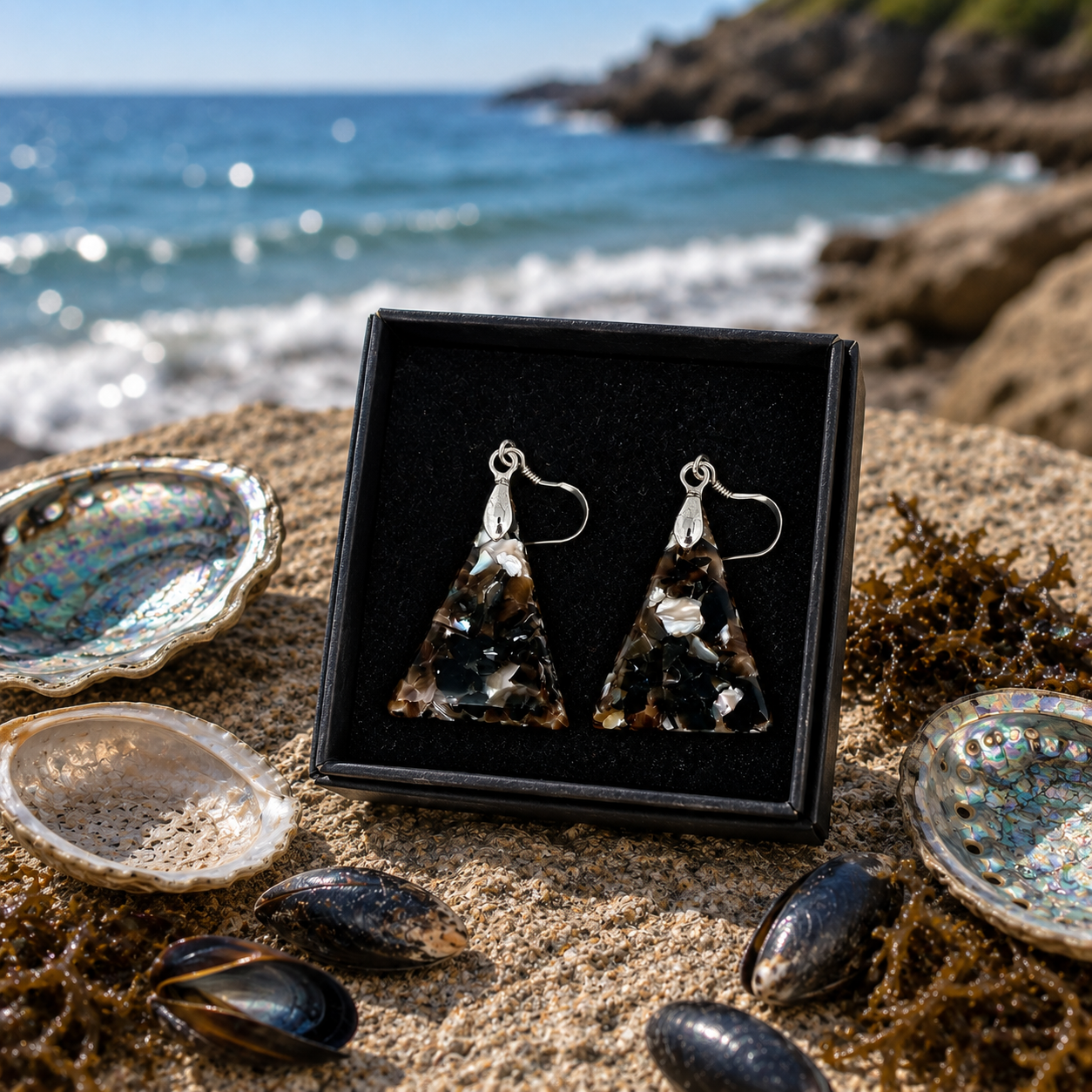 Dreieckige Ohrringe aus recycelten Muschelschalen