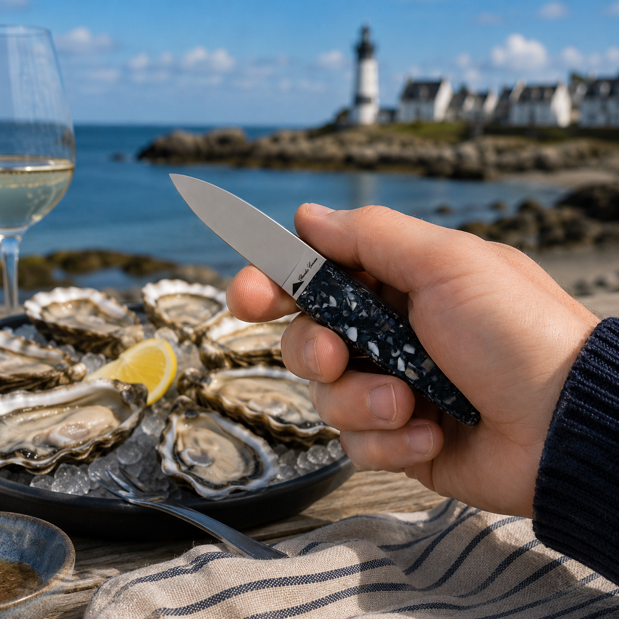 Small oyster knife with a handle made from recycled mussel shells