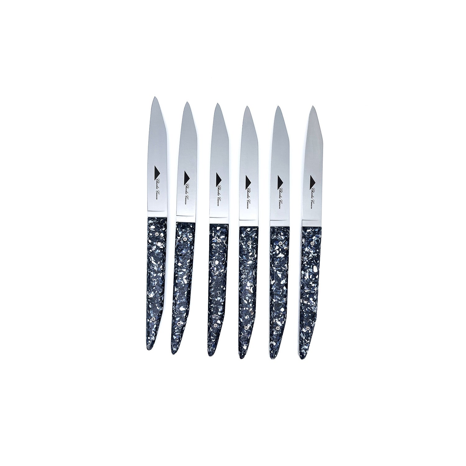 6 table knives with handles made from recycled mussel shells
