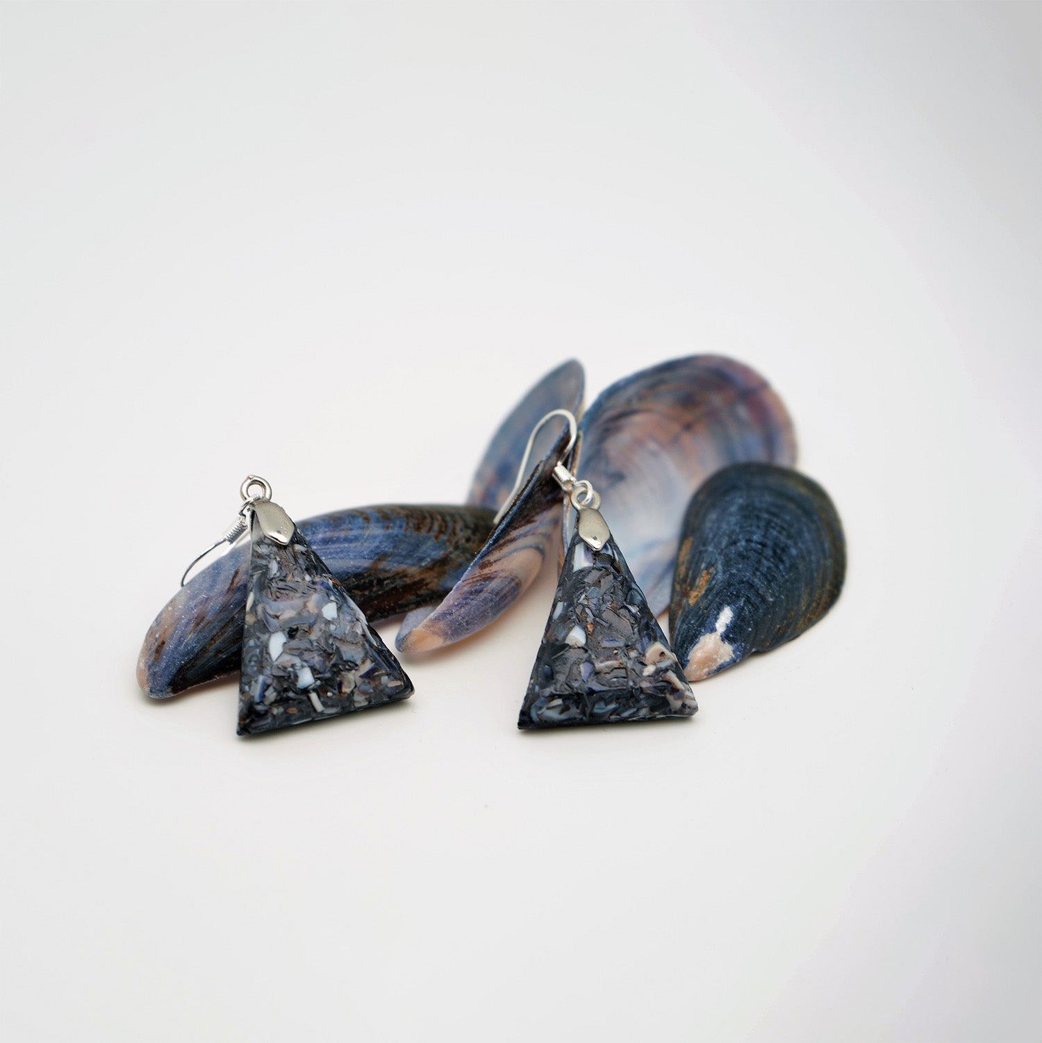 Triangle earrings made from recycled mussel shells