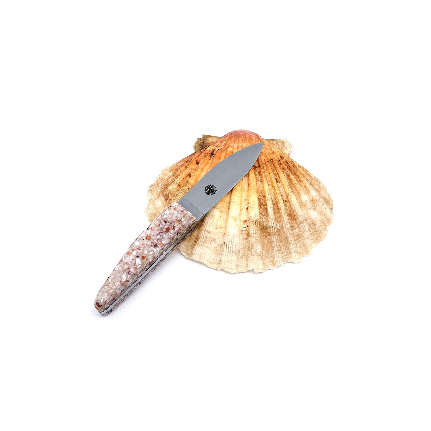 Small oyster knife with a handle made from recycled scallop shells