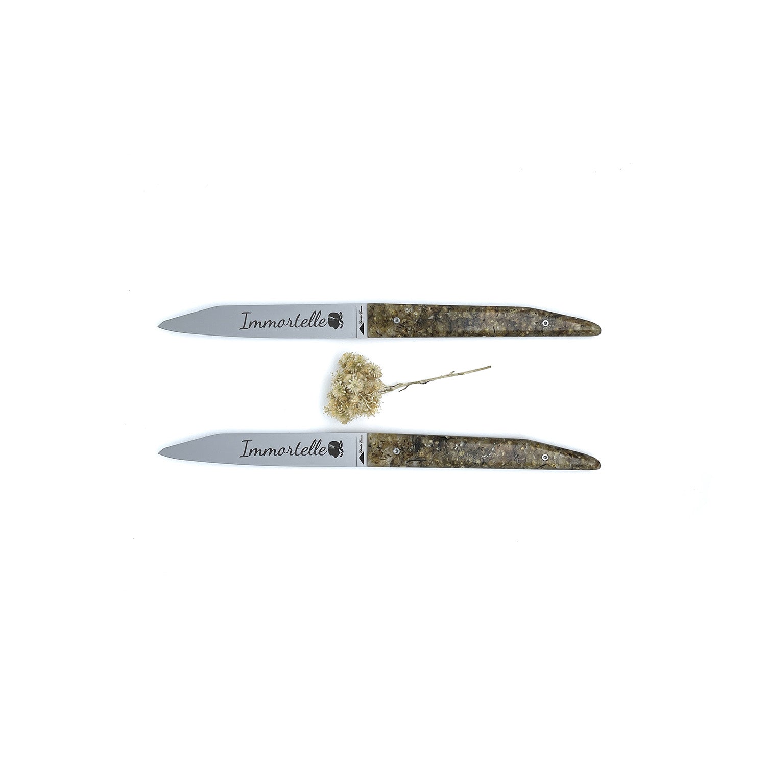 Coffret duo: 2 couteaux de table avec des manches en fleurs d'immortelles
